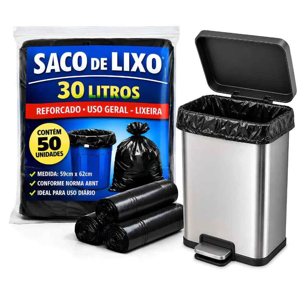 SACO DE LIXO PRETO 30 LITROS REFORÇADO C/ 50 UNIDADES, UTILIZAÇÃO EM TAMBOR, CASA, COMÉRCIO, EMPRESA E USO GERAL, TAMANHO ABNT