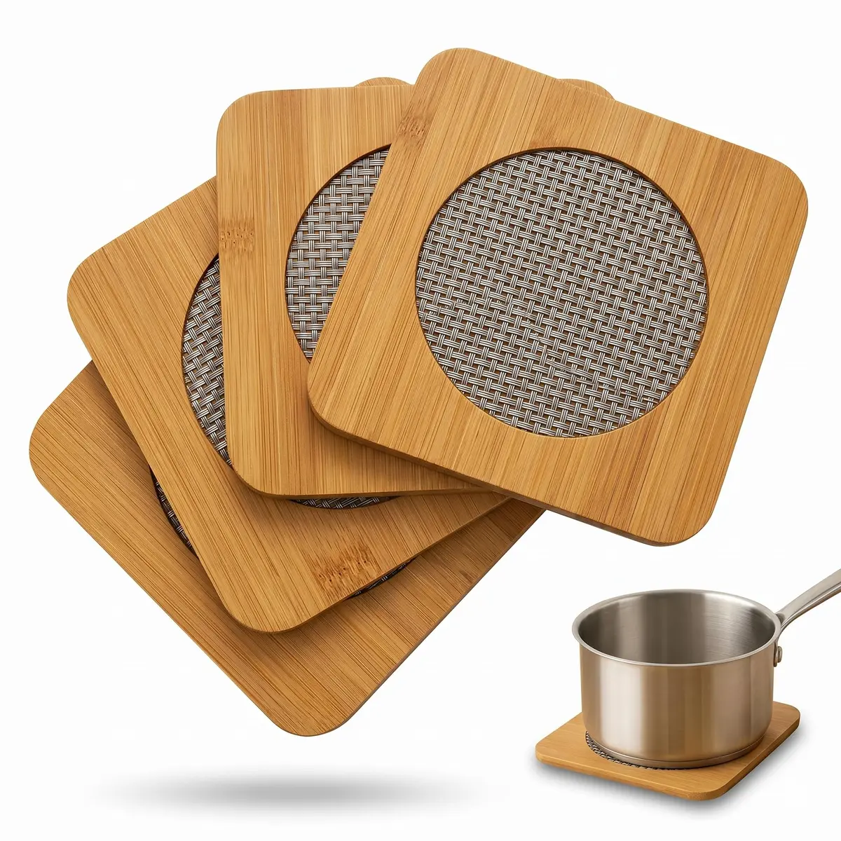 Kit 4 Descansos de Panela em Madeira Quadrado com Malha Térmica 16,5cm | Suporte para Travessa Quente; Protetor de Mesa Posta e Bancada; Base Antiderrapante; Utensílio de Cozinha Elegante Gourmet - 1