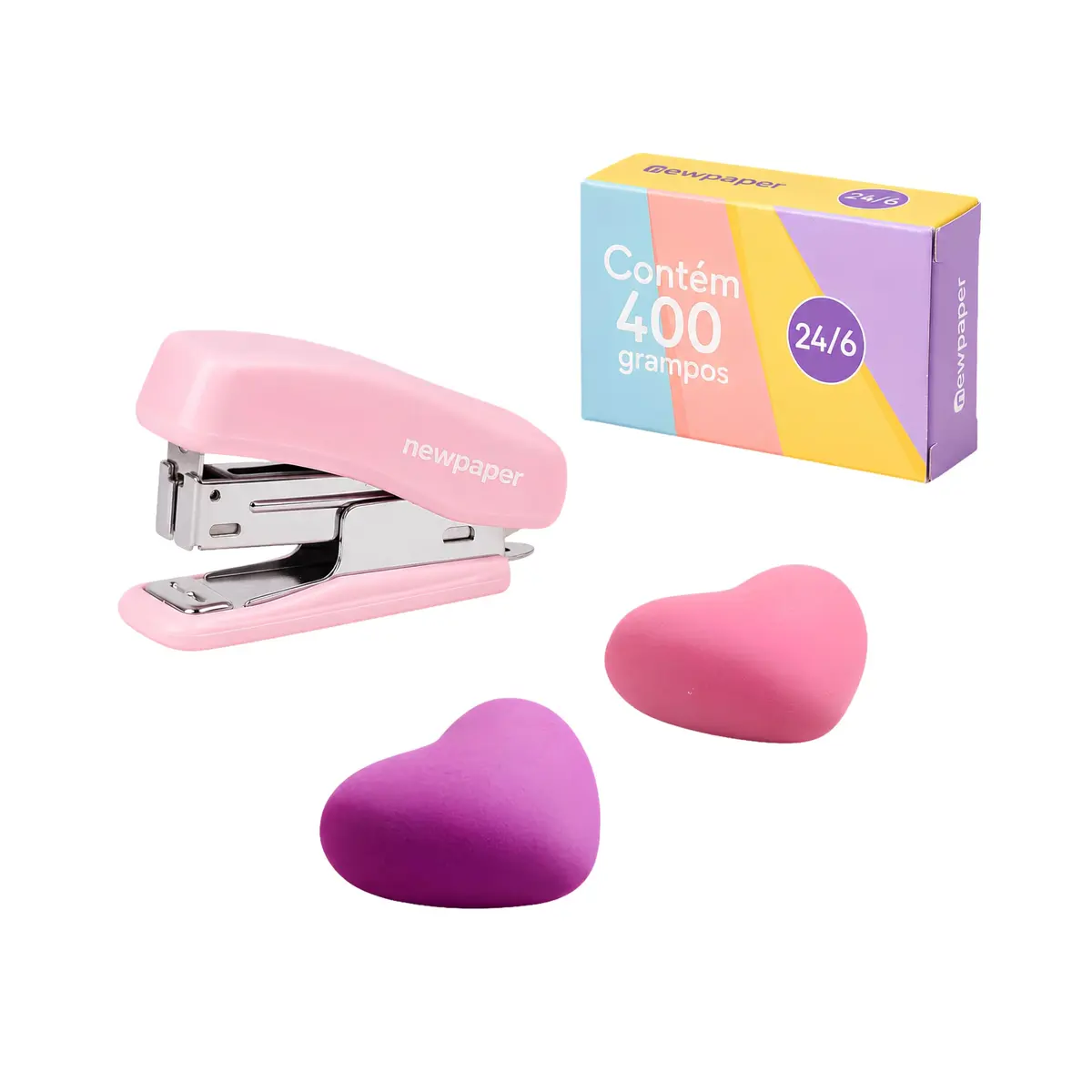 Kit Escritório Encantador com Mini Grampeador Lilás com 400 grampos + 2 Borrachas Coração - Papelaria Pastel - 1