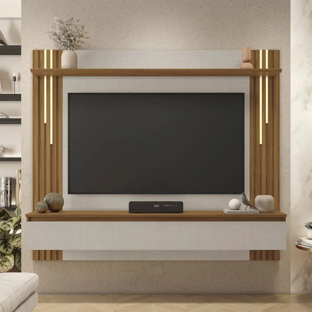 Painel para TV Até 65 Polegadas 1 Porta Ripado com Led Frade Off White Tx/Freijo Trend - Pnr Móveis