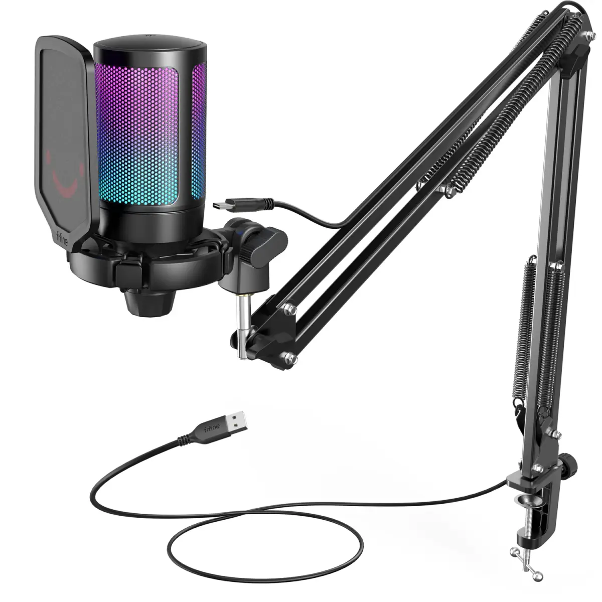 Kit de microfone para jogos USB FIFINE para PC, conjunto de microfone cardióide condensador PS4/5 com botão mudo/RGB/suporte de braço, para streaming de vídeo-A6T
