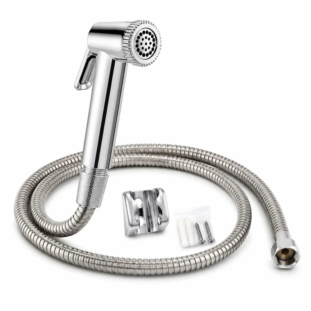 Ducha Higiênica para Banheiro com Gatilho Manual e Registro, Ducha Bidê com Mangueira Flexível 1,10m, Suporte de Parede e Parafusos Inclusos