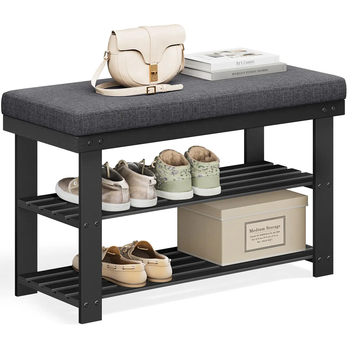 SONGMICS Banco de Bambu para Sapatos, Organizador de Sapateira de 3 Níveis para Entrada e Sala de Estar, Assento Suporta até 136 kg, 30,2 x 72 x 48,8 cm, Preto Tinta e Cinza Ardósia BRLBS604B01