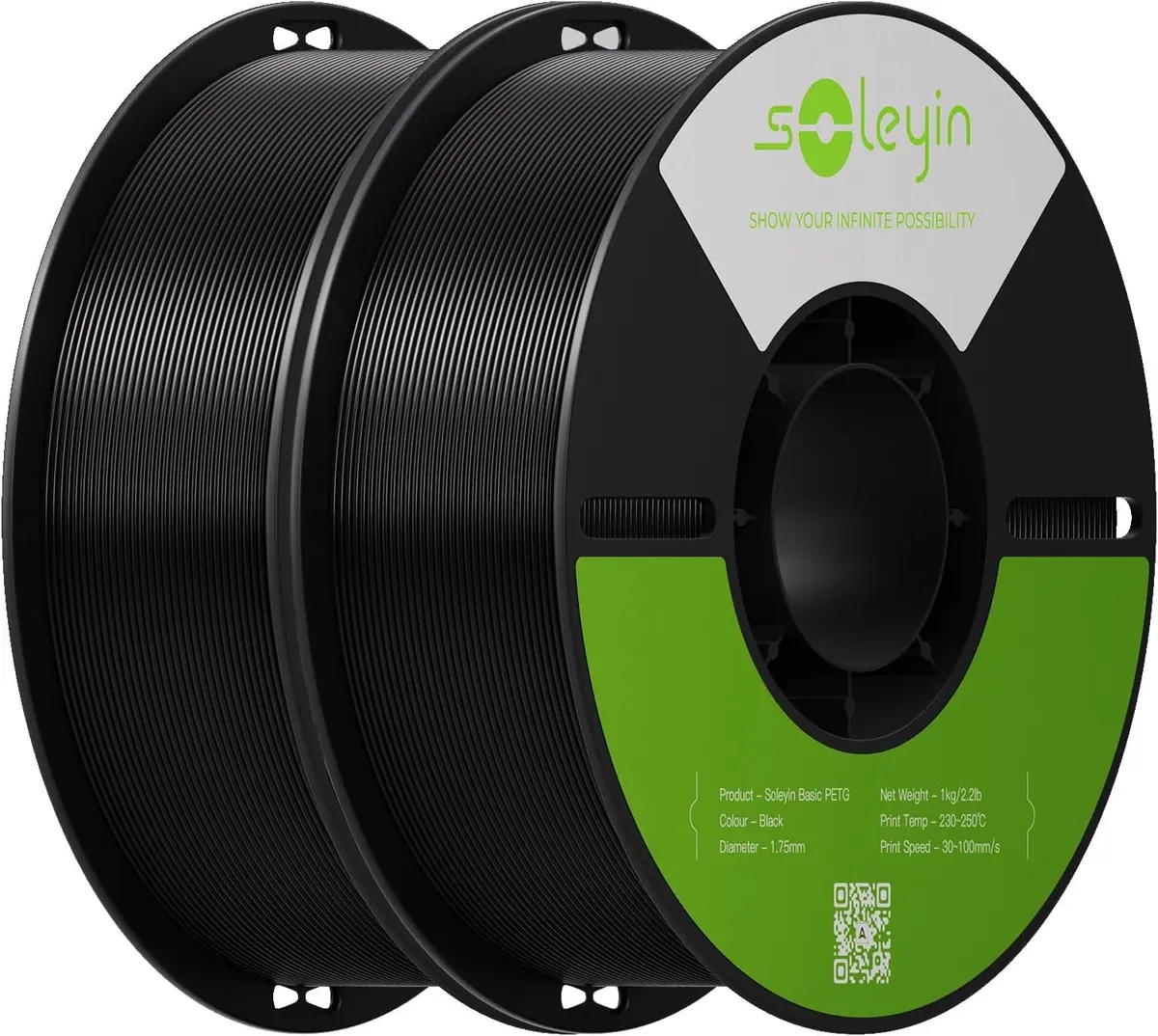 Creality Filamento Soleyin PETG 1,75 mm 2 kg, filamento preto para impressora 3D, enrolado com cuidado, alta resistência, acabamento liso e brilhante, compatível com a maioria das impressoras FDM