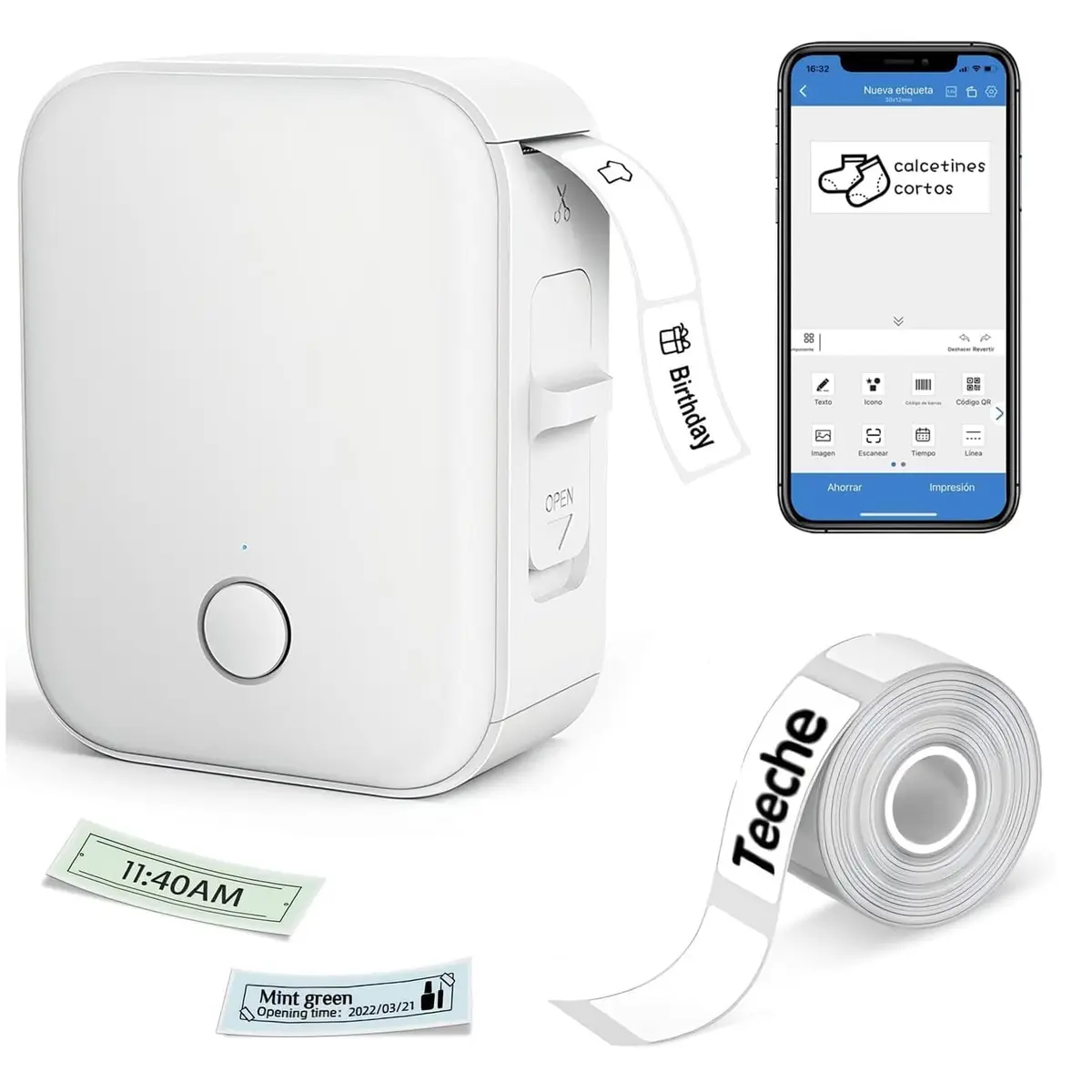 Impressora Térmica de Etiquetas Portátil, Bluetooth, 15mm Largura, Bateria 1000mAh, com App e Rolo de Etiqueta, Branca (Impressora + Rolo de Papel)