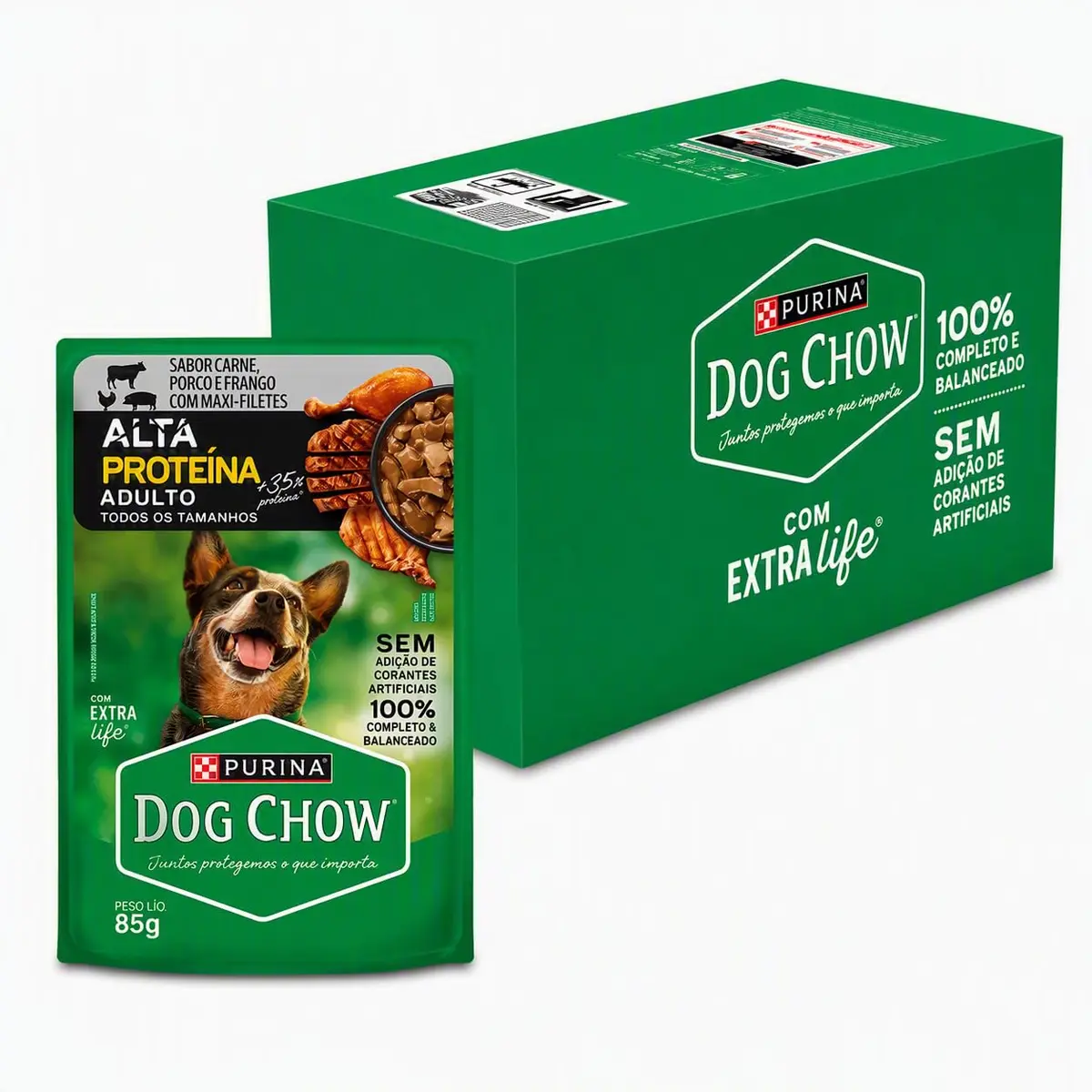 Ração Úmida DOG CHOW® ALTA PROTEÍNA para Cães Adultos Carne, Porco e Frango 85g - 15 unidades