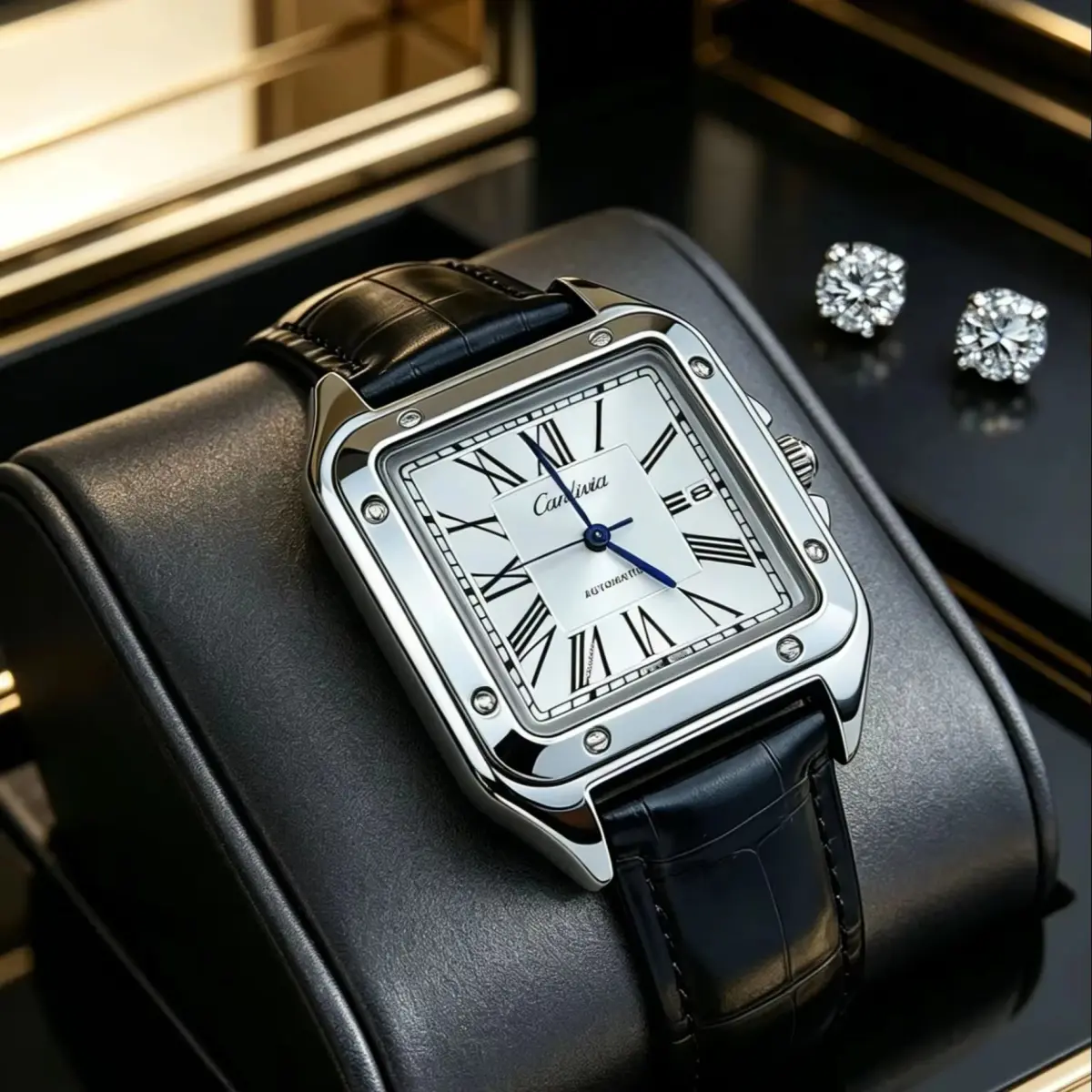 Relógio de Quartzo Masculino Quadrado de Luxo Leve com Mostrador Elegante com Números Romanos, Caixa de Aço Inoxidável, Pulseira de Couro Preta, Função de Data, Relógio de Pulso de Negócios Luxuoso, Relógio Clássico para Vestir, Relógio Masculino Casual e