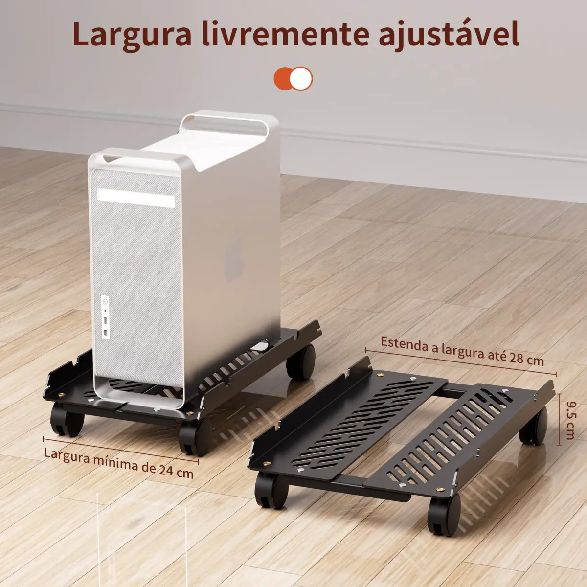 Suporte de Mesa para CPU com Rodízios 360° Ajustável 24-28cm Capacidade 20kg Elevado 9,5cm Dissipação de Calor Antiderrapante