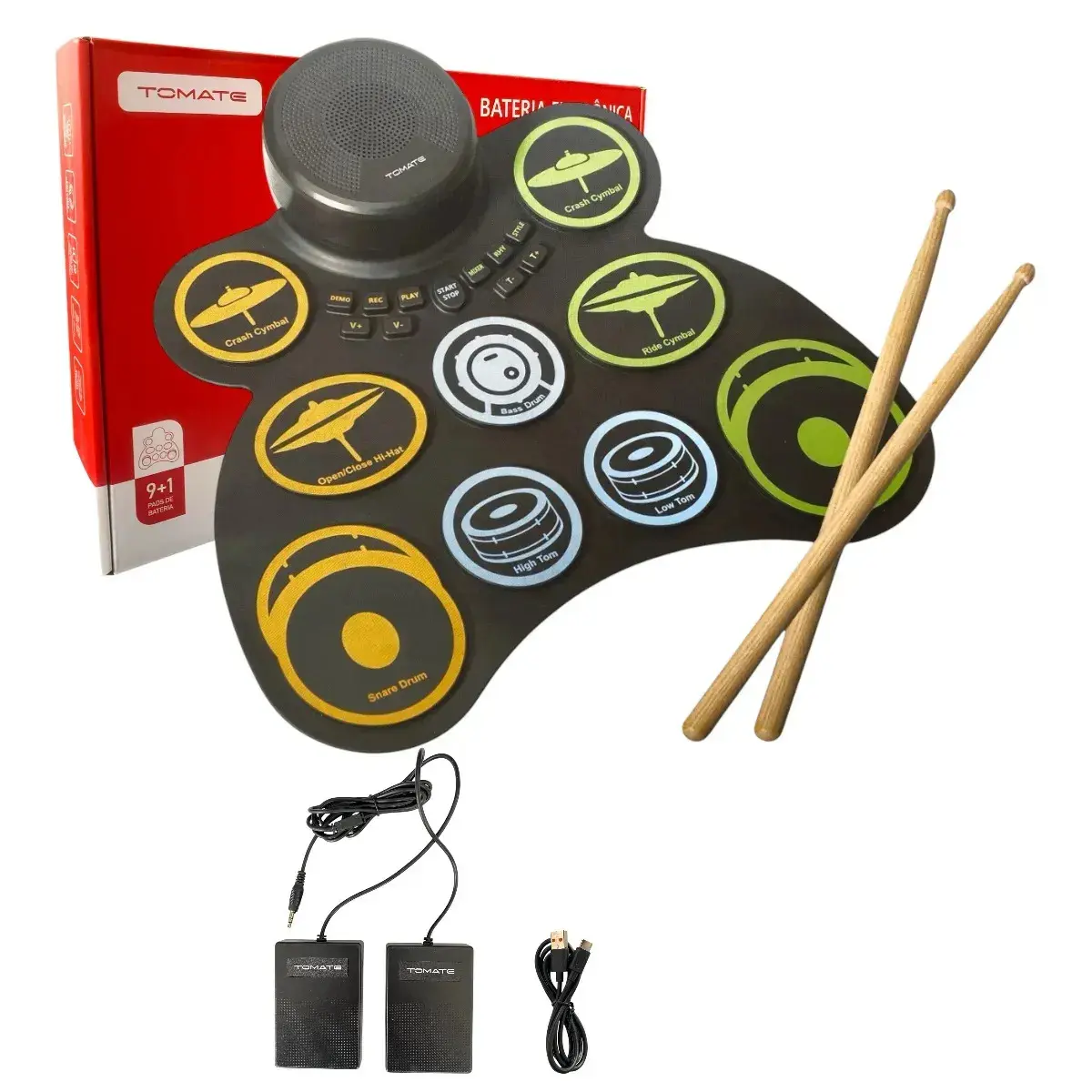 Bateria Eletrônica Roll Up 9 Pads Portátil C/ Pedais Baquetas USB Gravação Reprodução Metrônomo Sons Demo Ritmos Alto-falante Bateria Lítio Recarregável Silicone Música Estudo Casa Iniciante - 1