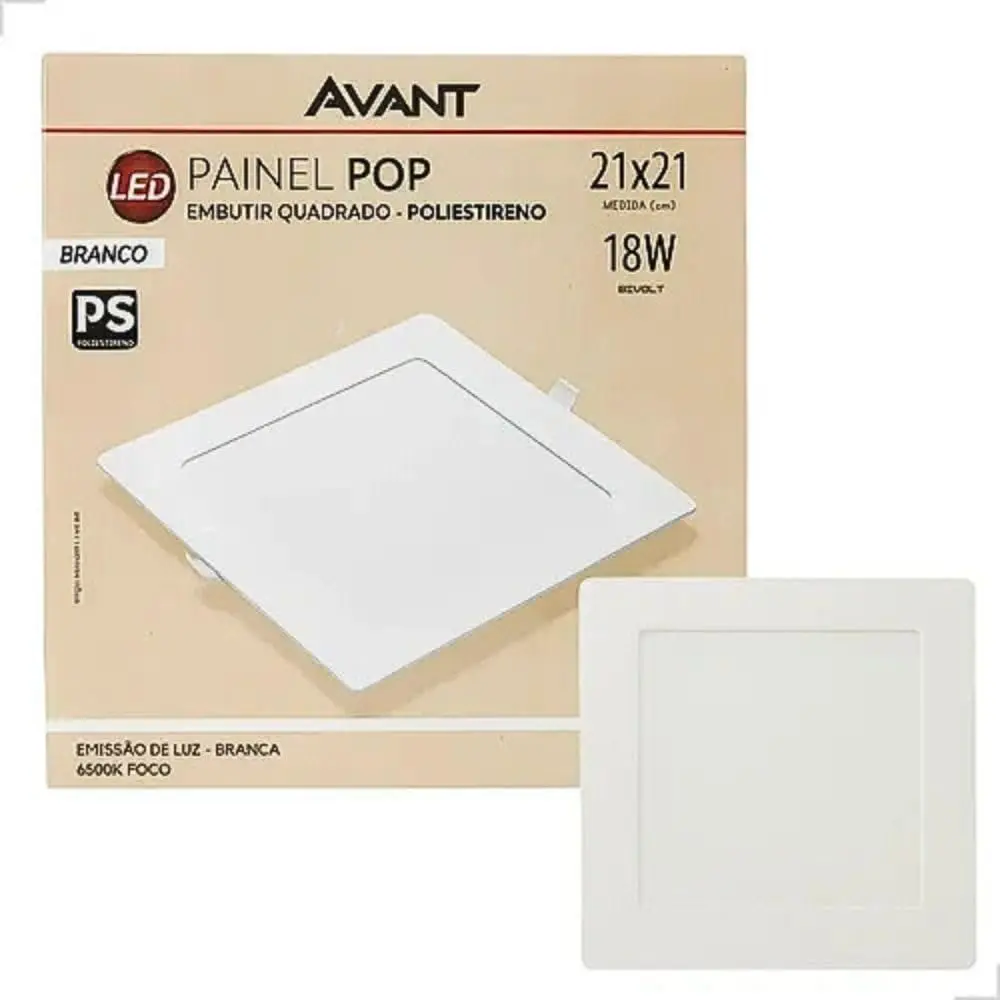 Painel led Plafon Pop Embutir 18w 6500k Branco Frio 22cm 110v/220v Bivolt Quadrado Branco Cod:903011374 Avant