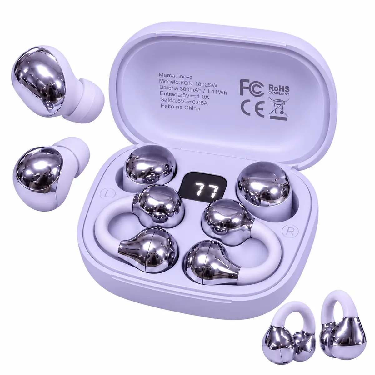 Fone de Ouvido Bluetooth, 2 Pares, Mini para Dormir e Tipo Clip, Roxo | 40 Horas em Standby, LED de Bateria, Bluetooth 6.0, IPX5, para Ouvidos Pequenos, Sono de Lado, Esportes e Quem Usa Óculos.