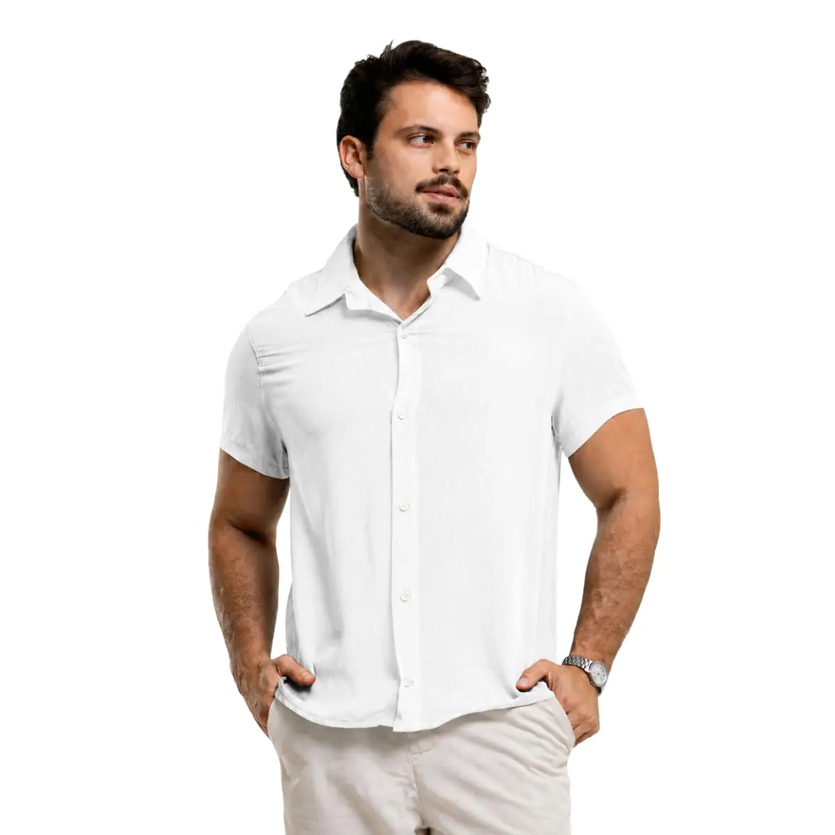 Camisa de Linho Manga curta Social Verão Fresca Gola Italiana Elegante em Visco-Linho