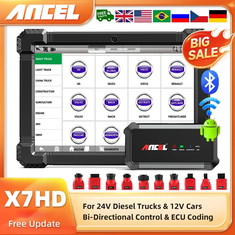 2026 Ancel X7 HD Ferramenta de Diagnóstico para Caminhões Pesados a Diesel, Codificação Bidirecional de ECU, Redefinição de Óleo, 24V12V, Scanner OBD2 para Todos os Sistemas de Caminhões