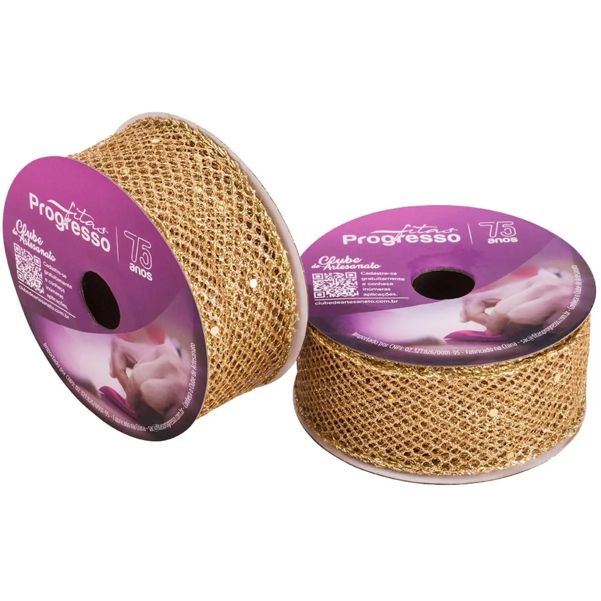 Fita Aramada Natal, 38mm X 10 metros, Metalizado Ouro com Glitter, Fitas Progresso