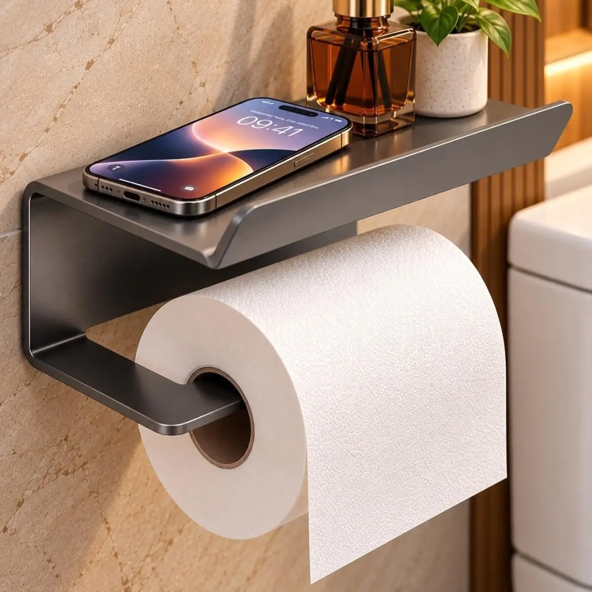 Suporte Papel Higiênico Parede com Adesivo Prateleira Porta Celular Colado | Instalação sem furos - Estrutura de Aço Carbono Resistente - com Prateleira para Acessórios - Adesivo Muito Forte