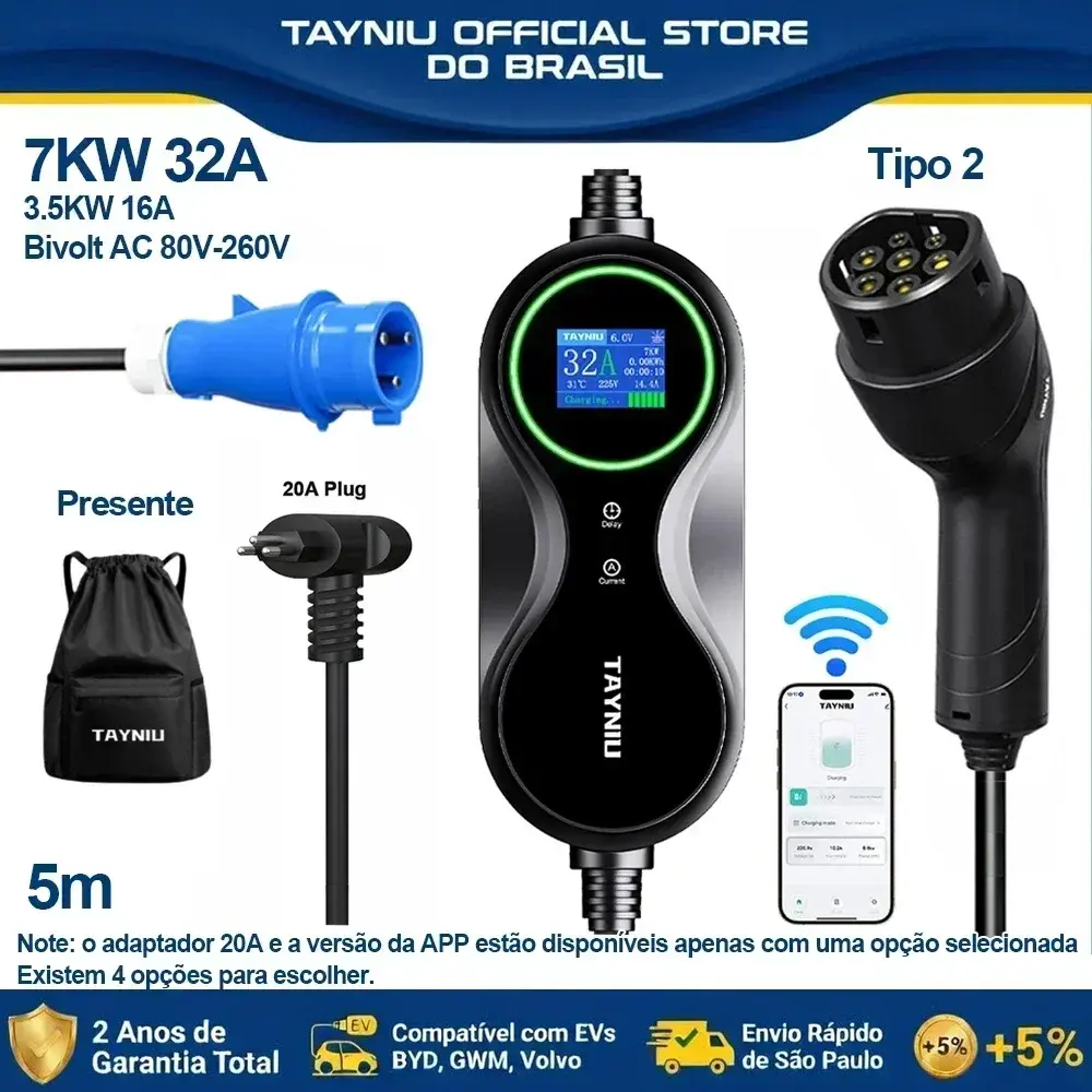 Carregador Portátil de Carro Elétrico TAYNIU 3.5kW 16A / 7kW 32A Tipo 2 APP ou Padrão - Corrente Ajustável - 80V-260V - Cabo 5 Metros - Compatível BYD GWM BMW - Uso Portátil ou Fixo - Envio do Brasil - Garantia 2 Anos
