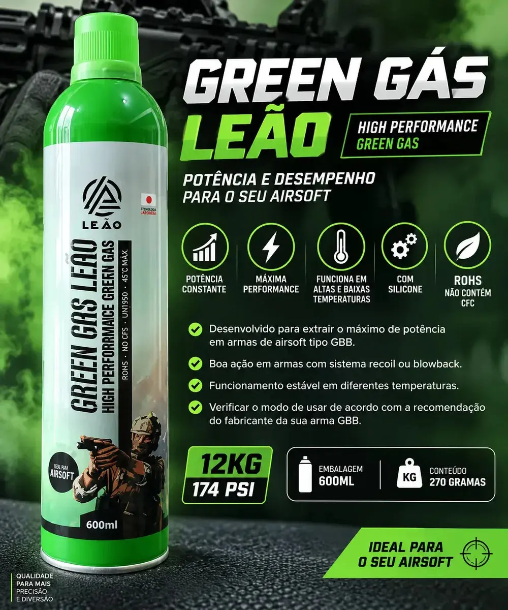 Green Black Power Gas P/ Airsoft C/ Silicone 600ml Cor Verde - 1
