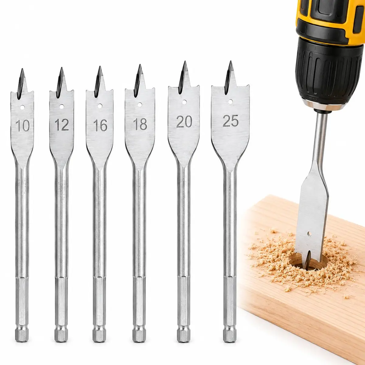 Kit 6 Brocas Chatas para Madeira 10mm a 25mm, Aço de Alta Resistência, Jogo de Brocas para Furadeira Elétrica e Parafusadeira, Perfuração Rápida e Precisa em Madeira - 1