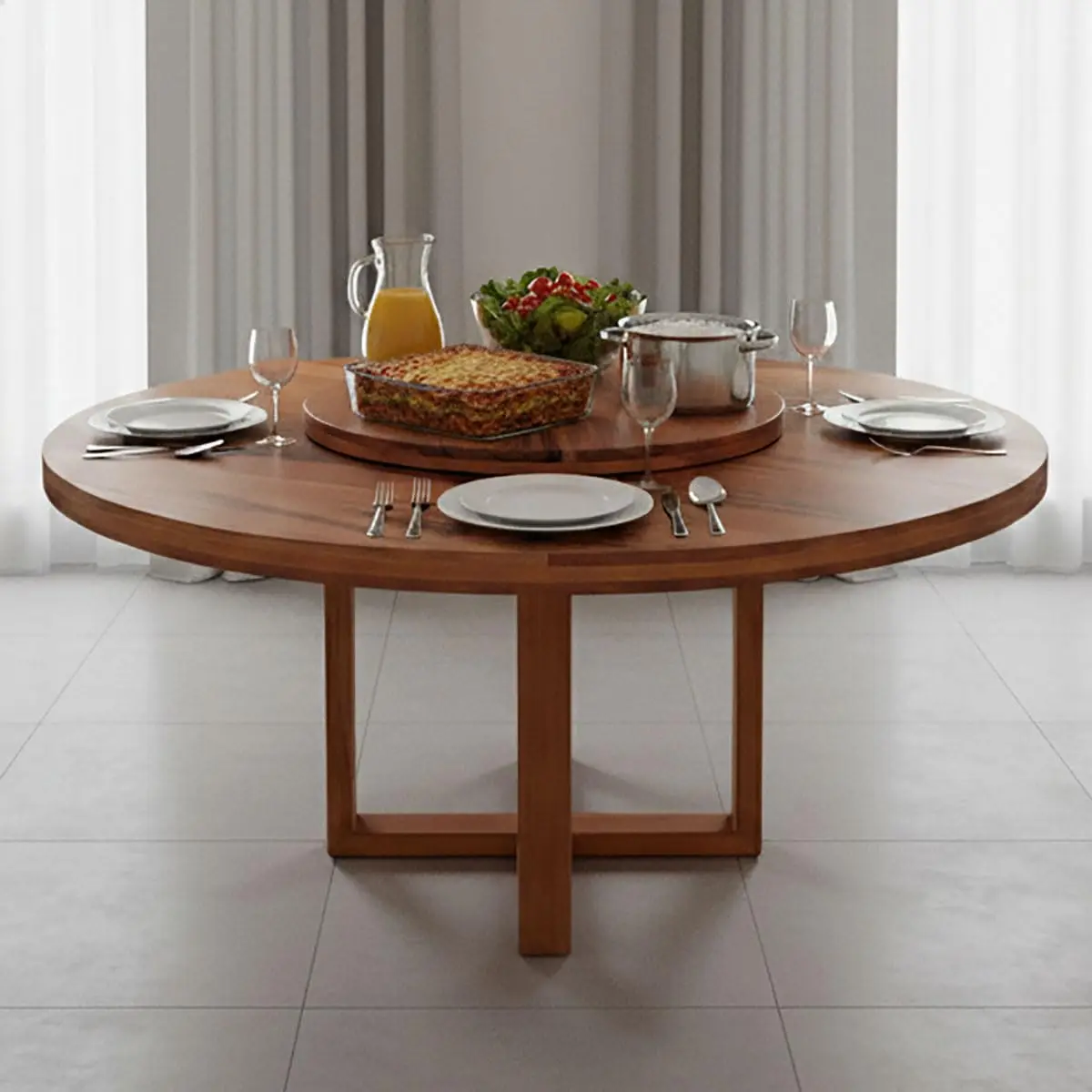 Mesa de Jantar Redonda 1,6M – Com Prato Giratório, Madeira Maciça, Envernizada