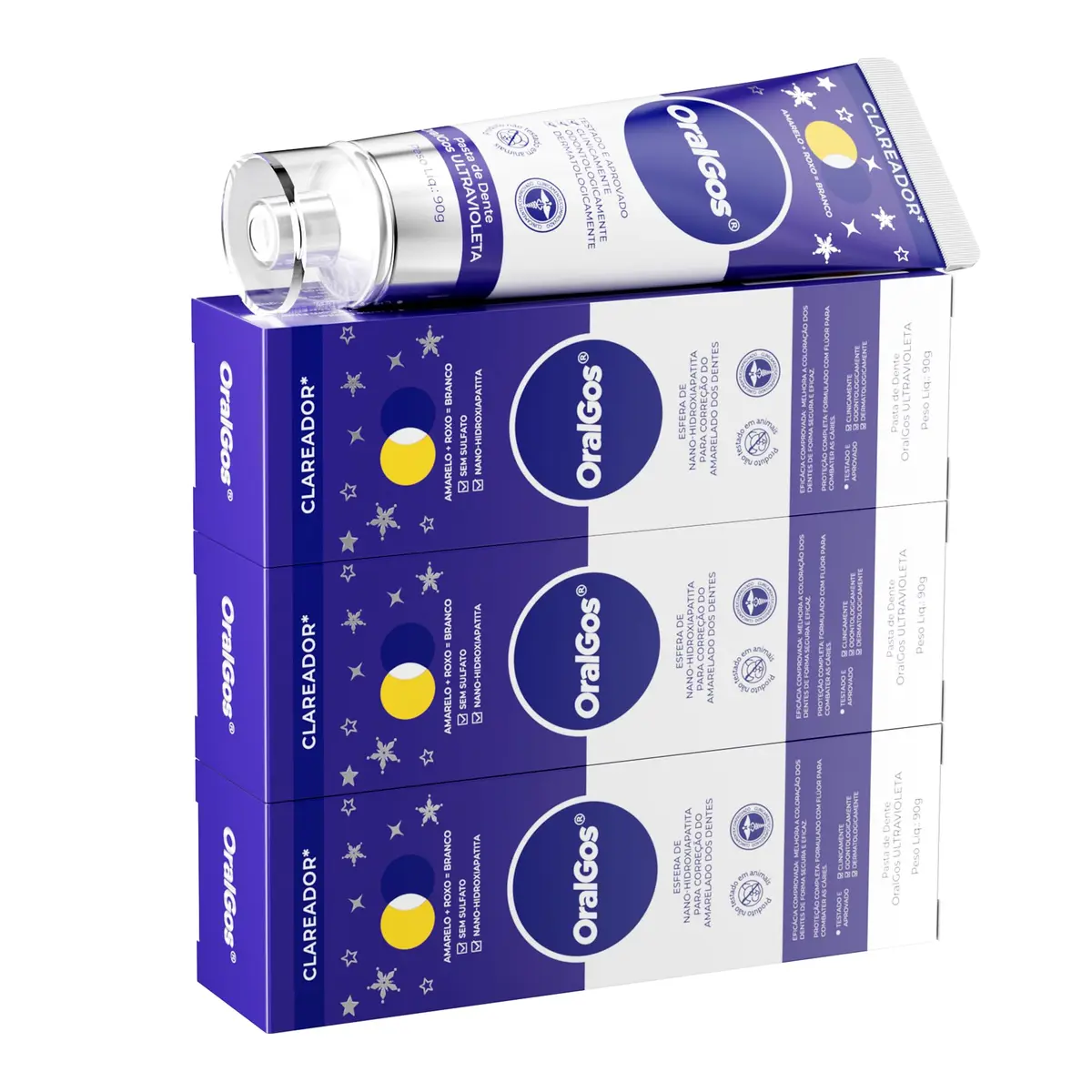 OralGos Creme Dental Clareador 90g com Hidroxiapatita Nano, 3 Unidades | Reparação do Esmalte, Remove Manchas, Proteção Completa, Uso Familiar