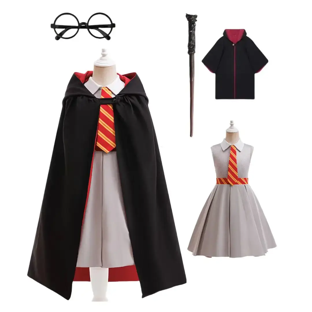 Filme de halloween cosplay traje meninas listrado topo + capa terno casual carnaval dia das bruxas aniversário vestido escolar mágico - 1