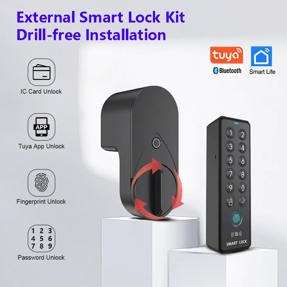 Fechadura inteligente com Bluetooth Tuya, desbloqueio por impressão digital, senha e cartão IC; sem necessidade de perfuração para instalação. - 1