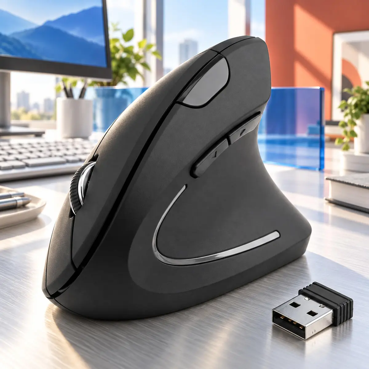 Mouse Vertical Ergonômico Sem Fio 2.4GHz, DPI Ajustável, 6 Botões, Preto | Design vertical para postura mais natural da mão, indicado para trabalho, estudos, escritório e home office.