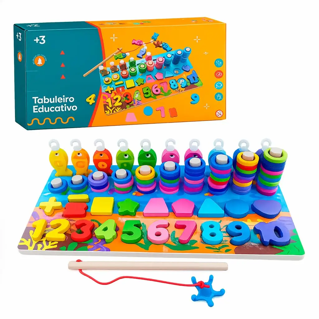 Tabuleiro Educativo Infantil Interativo Pesca 30cm Colorido Madeira Premium | Pedagógico, Coordenação Motora, Aprenda Números, Cores, Formas Geométricas, Pinos e Argolas Para Contar, Pegar, Encaixar - 1