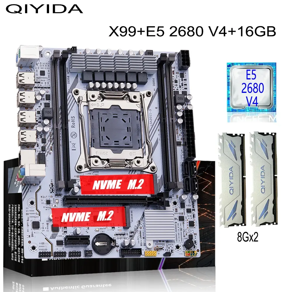 Kit de Placa-Mãe para Jogos QIYIDA X99 com Xeon E5 2680 V4, RAM DDR4 16GB=8Gx2, M.2 NVME SATA USB para PC de Mesa