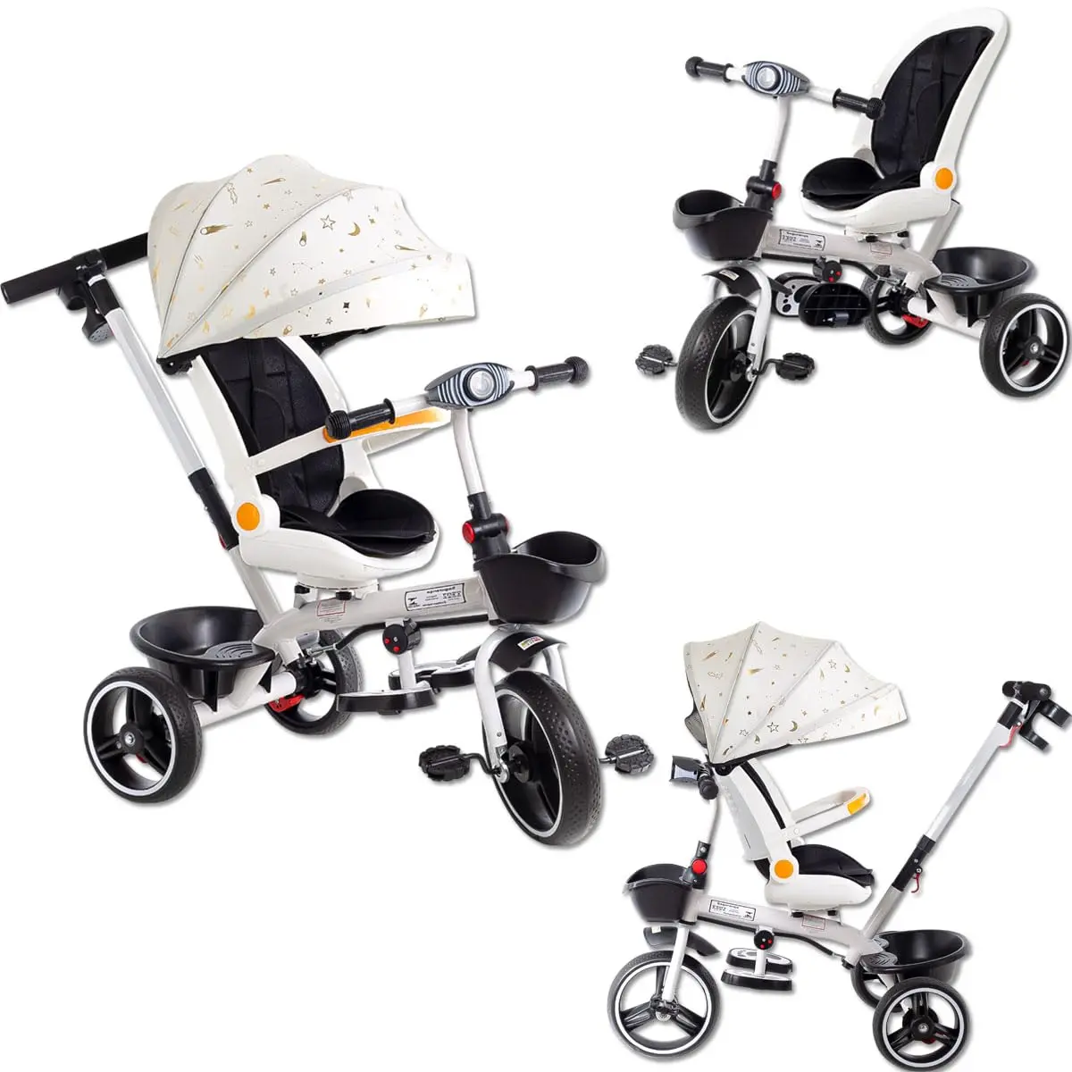 Triciclo Carrinho de Passeio 2 em 1 Infantil Multifuncional Luxo Som e Luz Assento Giratório 360° com Cinto de Segurança Capota Solar Twist Cesto 50kg Haste Empurrador Rodas de EVA INMETRO (Luxo)