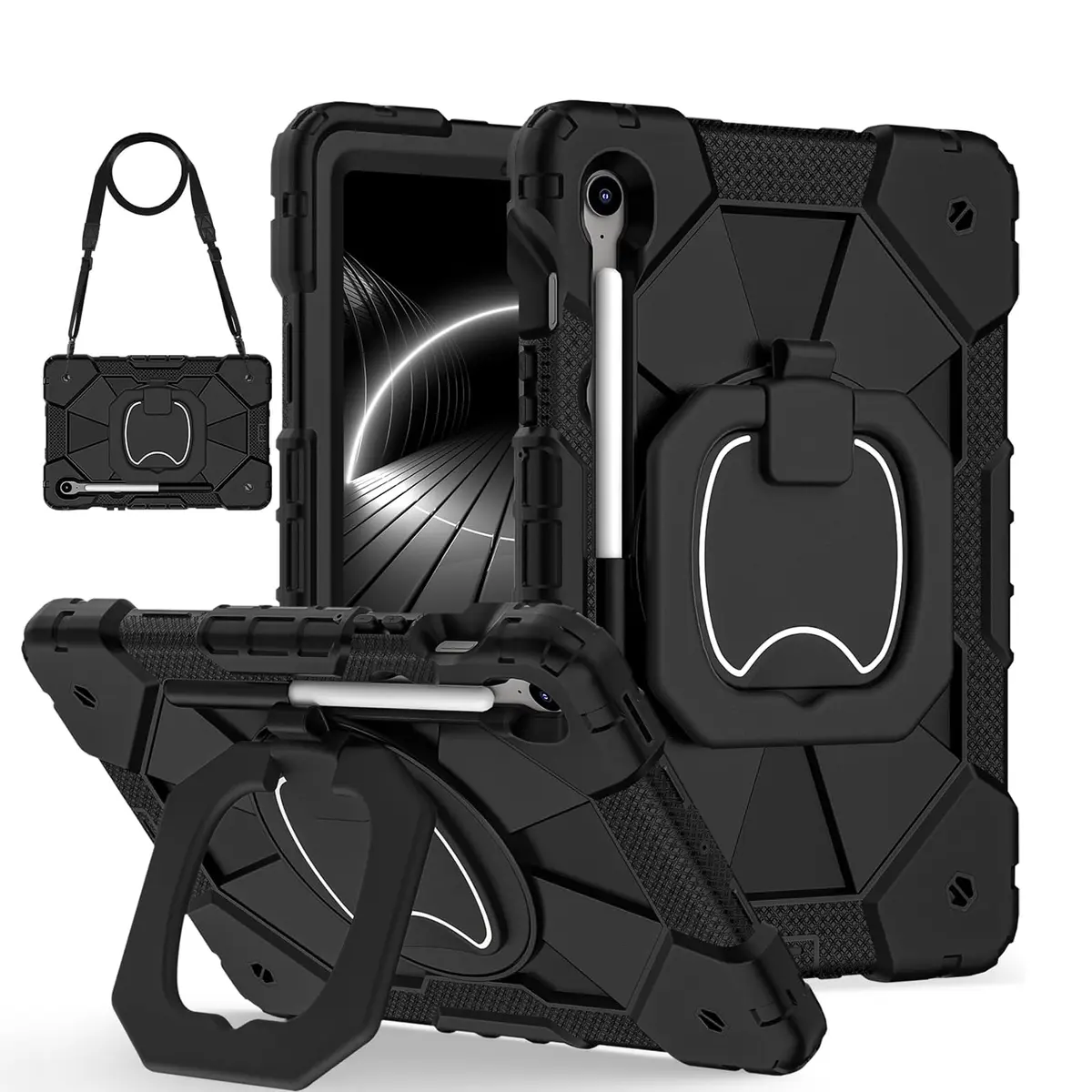 MONWO Capa para Samsung Galaxy Tab S10 Lite / S10 FE / S9 FE 10,9 Polegadas com Possui Compartimento para Caneta, Alça de Ombro e Suporte Traseiro Que Gira 360° (Preto)