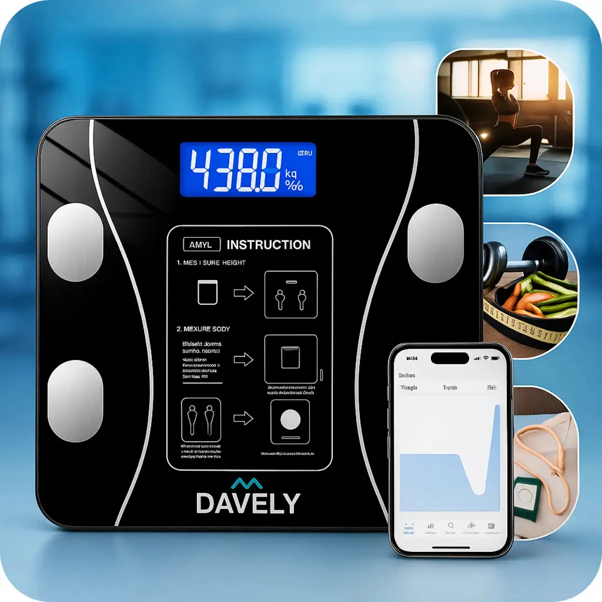 Balança Digital Bioimpedância Bluetooth Corporal Aparelho Alta Capacidade Balança De Banheiro Academia App Para Android E Para Ios Cor Preto Marca Davely