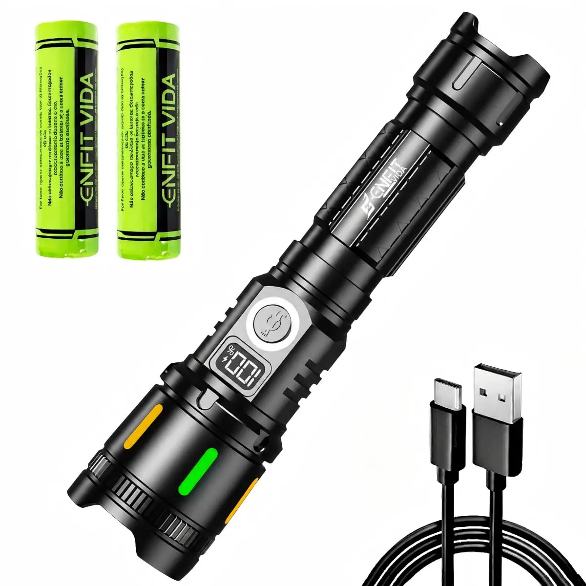 Lanterna Tática Militar 3600 Lúmens, Lanterna LED Recarregável com Zoom Ajustável, Alcance até 2000m, 4 Modos de Iluminação, Alimentação por Bateria USB-C para Camping, Trilhas, Pesca, Exploração