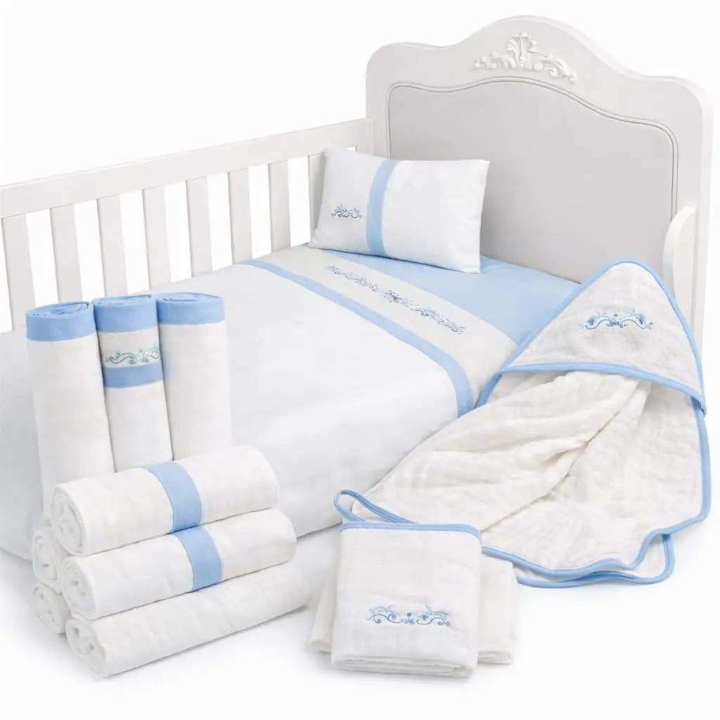 Kit Enxoval Bebê 12 Peças Completo com Cueiros, Toalha de Banho Soft, Jogo de Lençol, Fralda e Panos de Boca para Maternidade (Azul) - 1