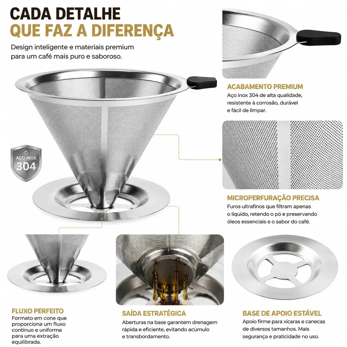 Filtro Coador De Café Inox 103 Reutilizável Permanente Aço Inoxidável Ecológico Não Necessita Uso De Papel Yellow Seller thumbnail 3