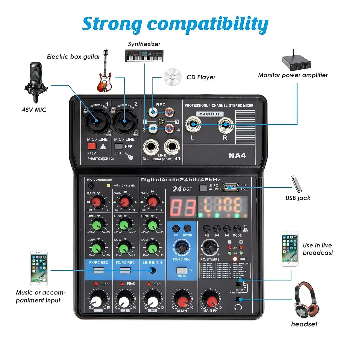 Mesa De Som Interface Bluetooth 4canais Teyun 24 Efeitos Voz thumbnail 5