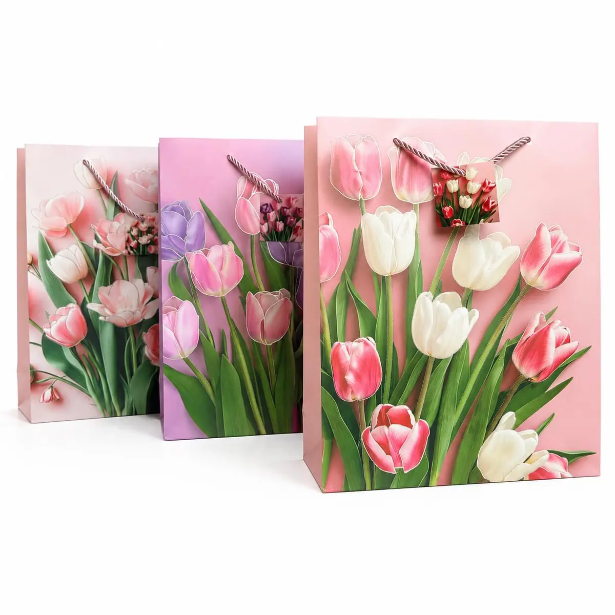 Kit 3 Sacolas de Presente Tulipas com Alça de Corda Torcida | 26 x 32 x 10 cm, Estampa Floral Tulipas, 3 Designs Diferentes, Com Tag Decorativa, Rosa e Branco