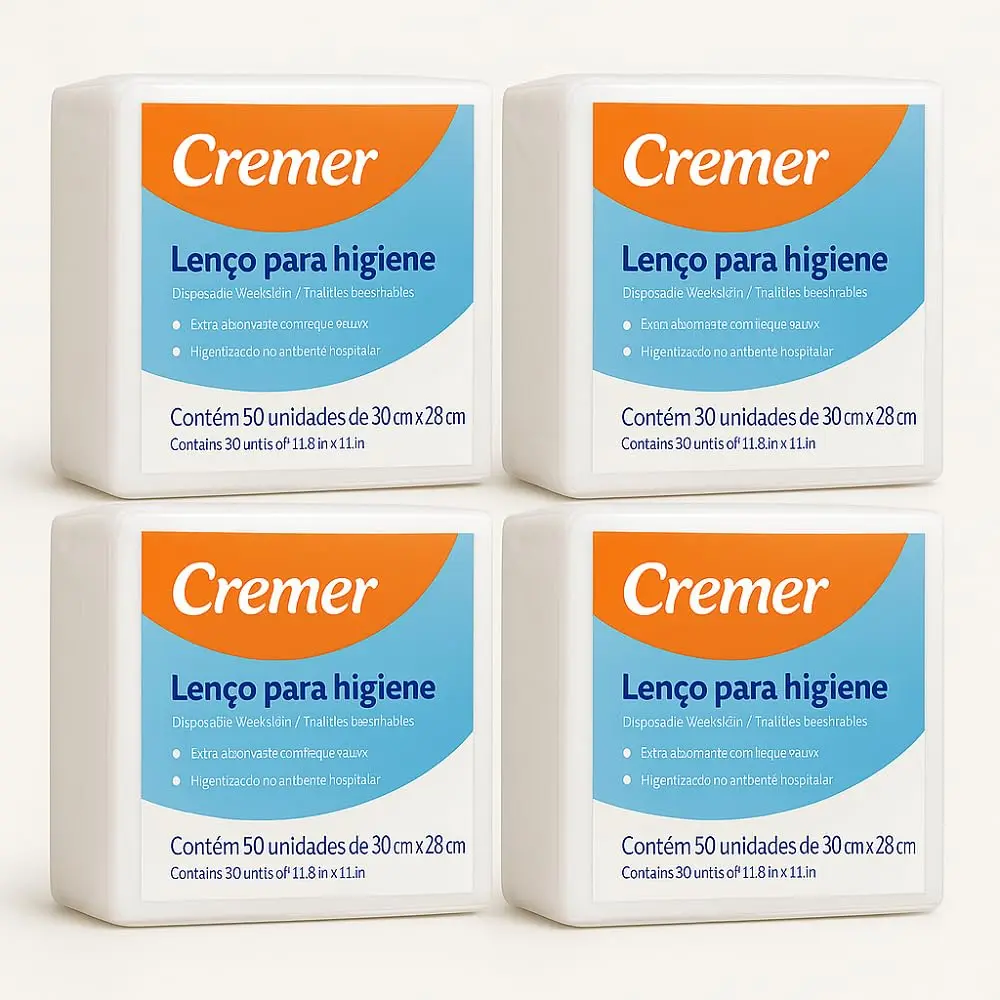Lenço para Higiene Corporal Cremer Toalha Descartável Adulto e Infantil 30x28cm Uso Hospitalar Banho no Leito Toque Macio Hipoalergênico (4 Pct - 200 Lenços)