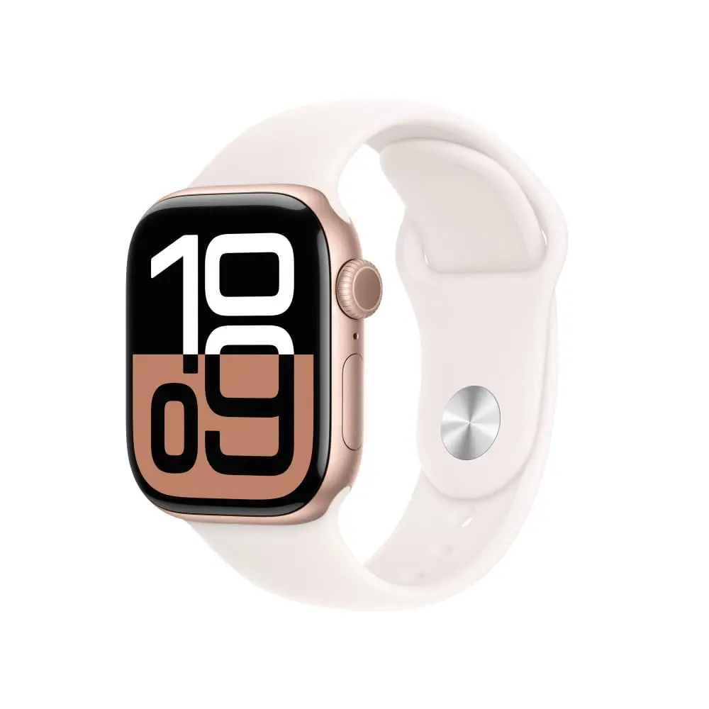 Apple Watch Series 10 GPS + Cellular • Caixa ouro rosa de alumínio – 42 mm • Pulseira esportiva blush-clara – P/M