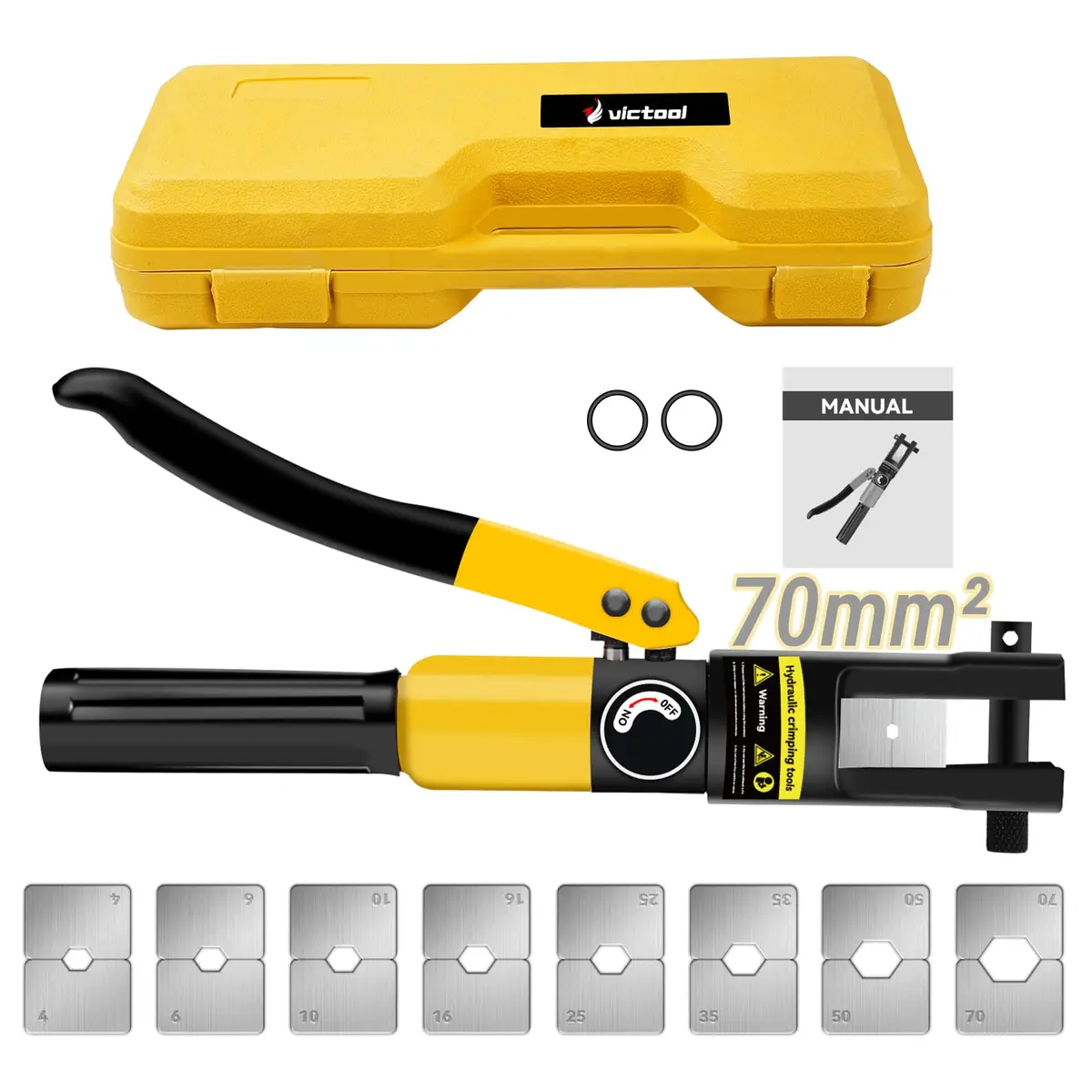 Victool Alicate Hidráulico de Crimpagem YQK-70 8T 70mm², Kit com 8 Matrizes 4-70mm², Ferramenta Hexagonal para Cabos, Compacto e Portátil com Maleta e Acessórios, Alicate Hidráulico de Crimpar