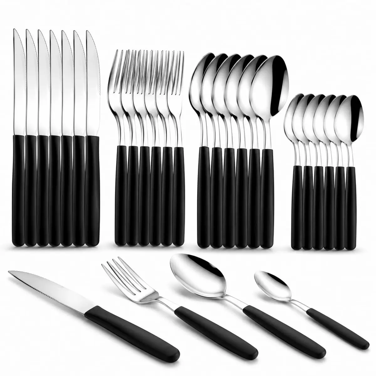 Jogo de Talheres 24 Peças Aço Inox com Cabo Preto Resistente Elegante | Conjunto com Facas Garfos e Colheres, Resistente, Moderno e Elegante, Original - 1