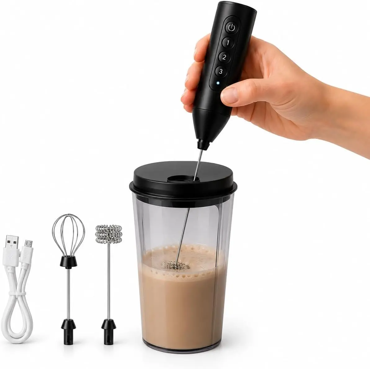 Kit Mixer + Copo 300 ml, Espumador e Misturador Elétrico Recarregável, 3 Velocidades, Hastes Intercambiáveis em Aço Inoxidável para Café, Leite e Bebidas - 1
