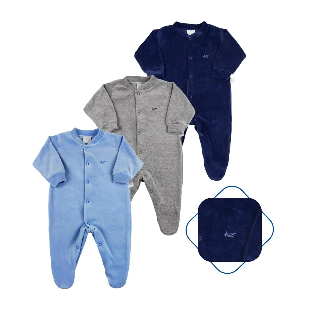 Kit 3 Macacões Bebê Menino em Plush com Pezinho – Manga Longa – Azul, Mescla e Marinho
