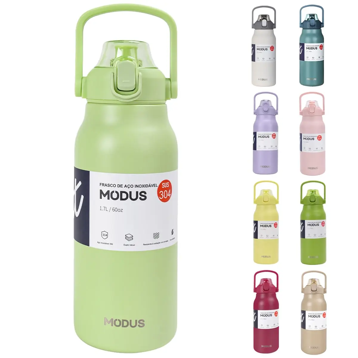 Garrafa Térmica De Viagem Inox 1700ml Água Com Canudo Verde Claro