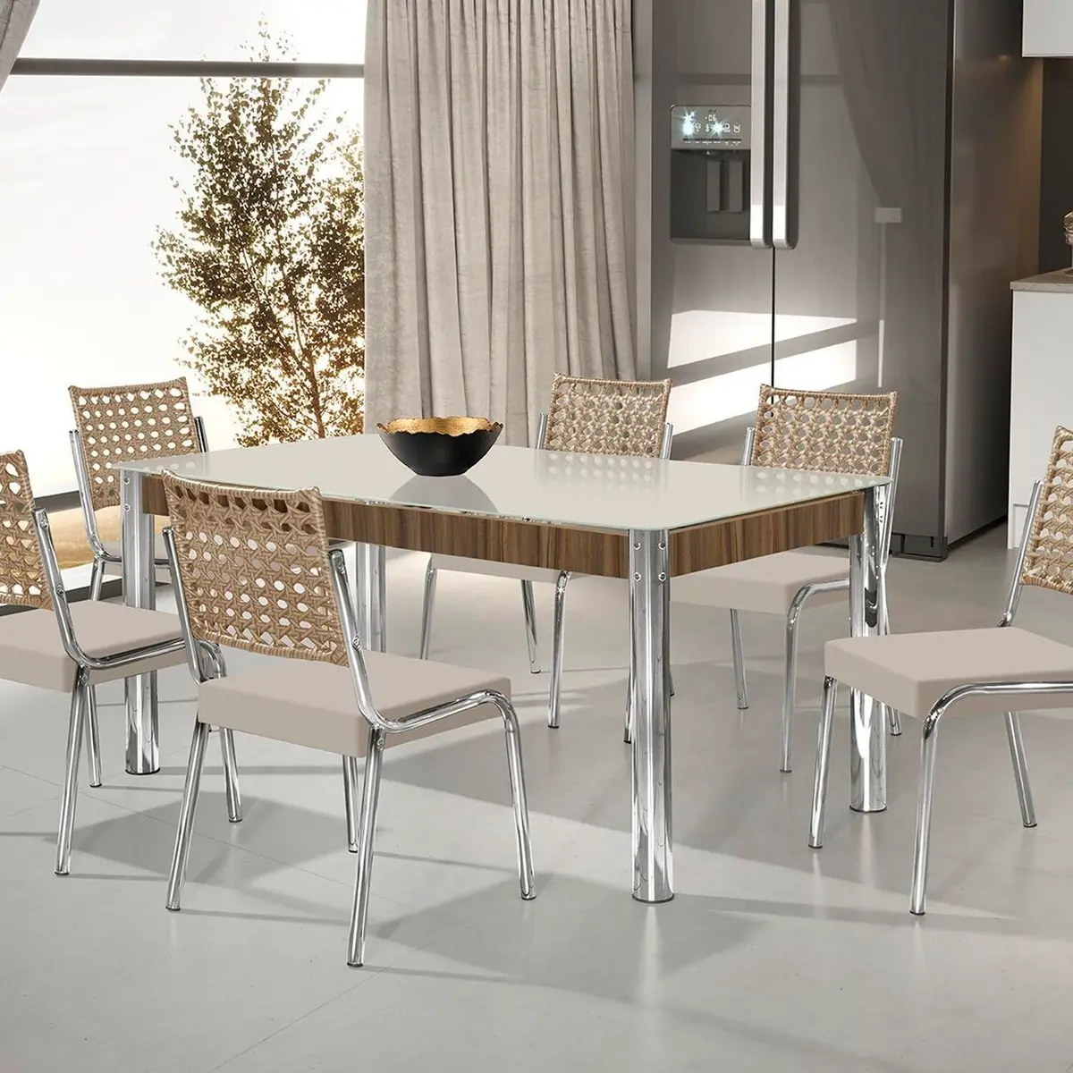 Conjunto Sala de Jantar Mesa Retangular com 6 Cadeiras Natani Cromado/Bege