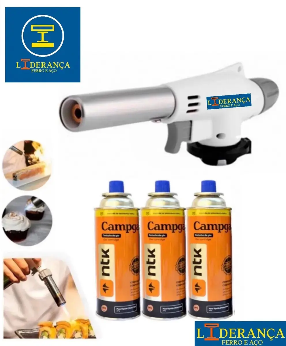 Maçarico Profissional Universal Multiuso Gourmet Portátil Com Regulagem De Chamas Kit Completo Com 3 Refil Para Chef De Cozinha Confeiteiro Flambar Solda Marca - Liderança Ferro E Aço - 1