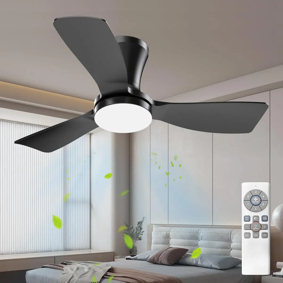 Airwit Ventilador de Teto Preto 91 cm com Luz LED, 3 Pás, 6 Velocidades | Motor DC Silencioso, Função Reversível, Controle Remoto, Flush Mount, 100-240V