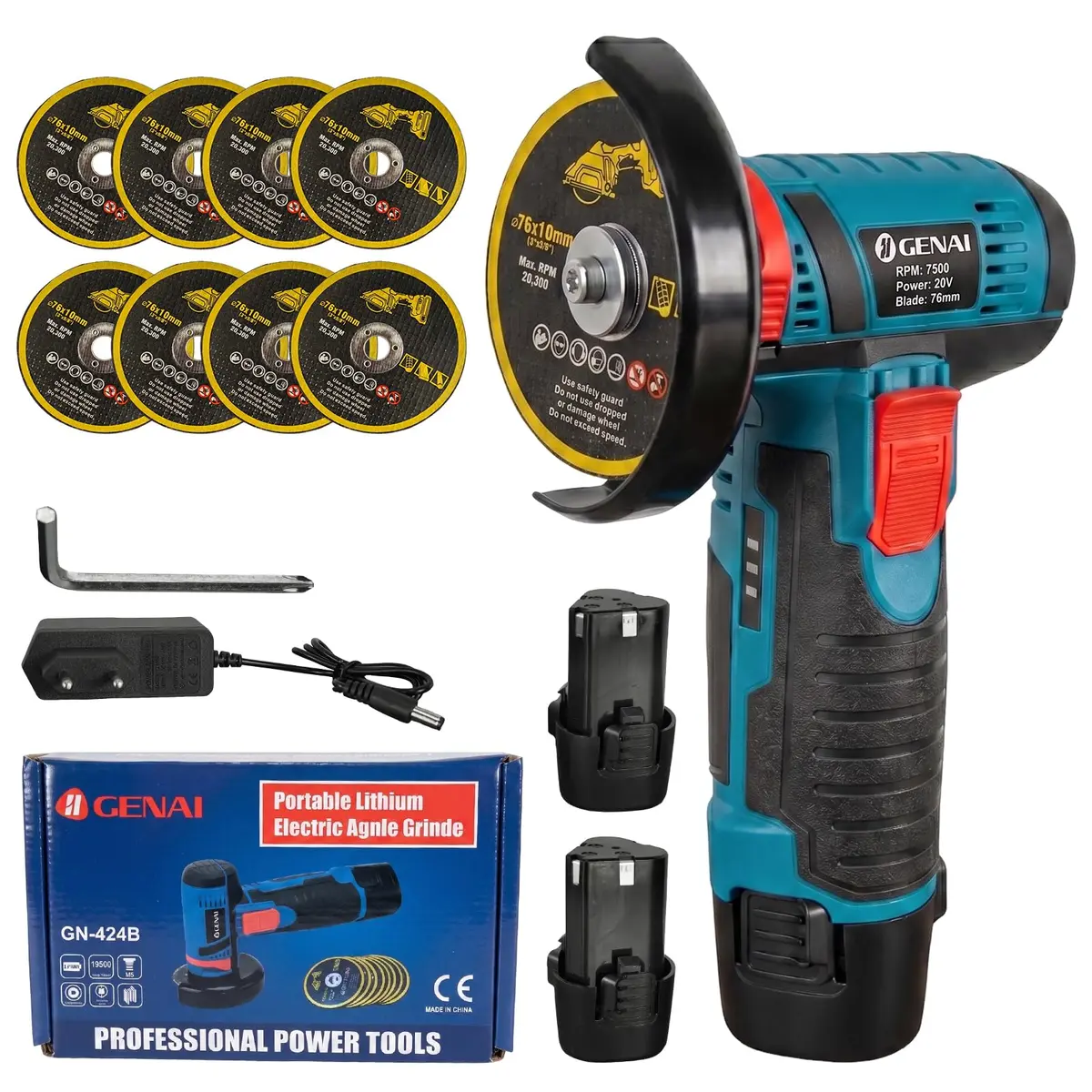 Mini Esmerilhadeira Lixadeira 110V/220V, Esmerilhadeira Angular com 2 Baterias 12V e 8 Discos 76x10 mm, 19500 RPM, para Corte de Madeira e Metal