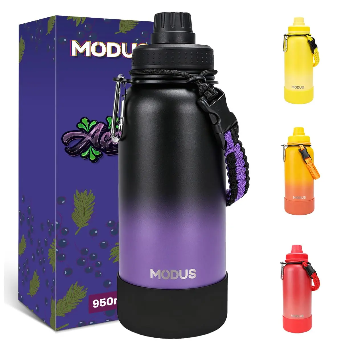 Garrafa Térmica 950ml Esportiva de Aço Inoxidável | com Isolamento a Vácuo e Base Emborrachada (Gradiente Preto Roxo)