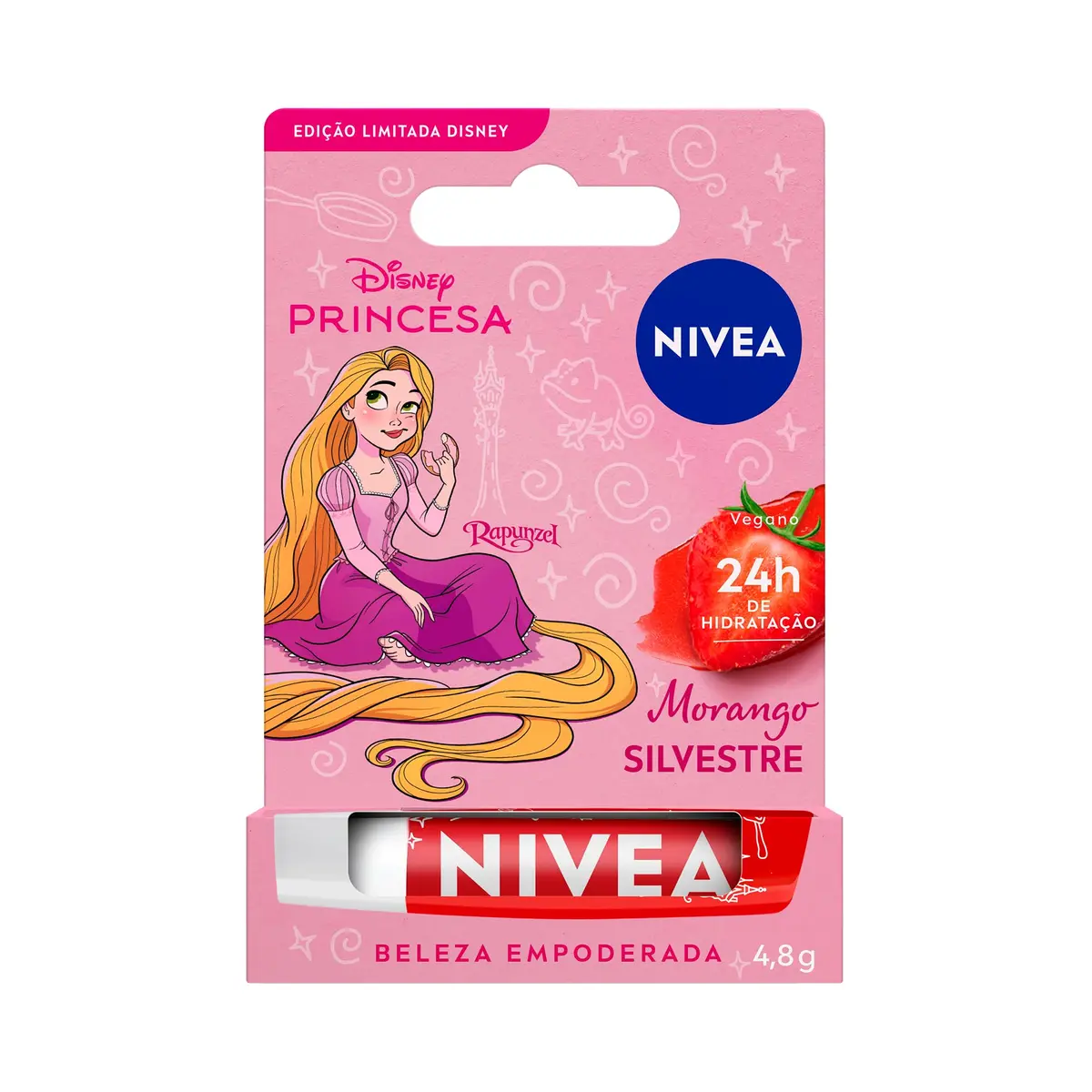 NIVEA Hidratante Labial Morango Silvestre Ed. Limitada Rapunzel Disney® Princesa 4,8g, Hidratação Intensa 24h, Cor Suave, Brilho Delicado, Manteiga de Karité
